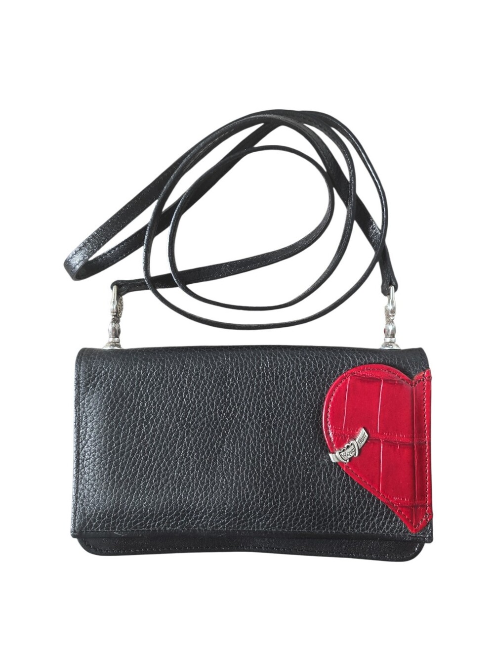 Brighton Cupid Black Leather Red Heart Crossbody Wallet Organizer EUC